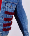 Customised Vintage Denim Jacket with red ruffles across body - jacket is Lee, Levi, Wrangler, Diesel or similar.