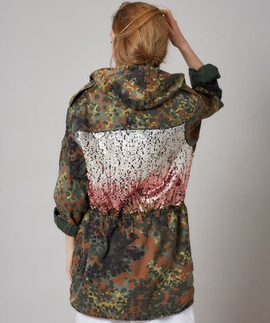 Customised vintage camo parka jacket with sequin design on back