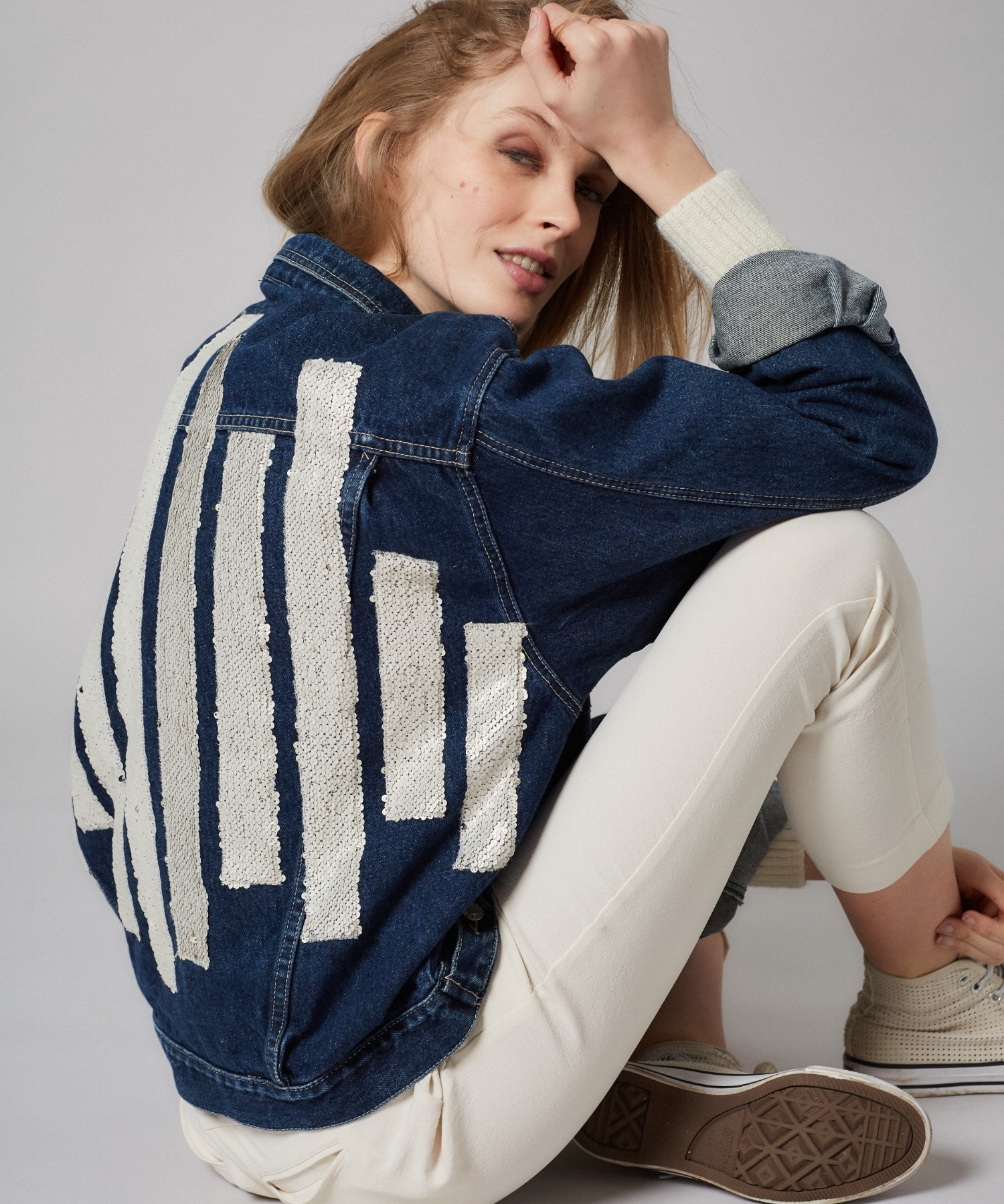 Black and white striped denim jacket deals