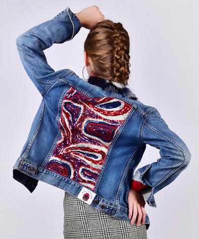 Customised Vintage Denim Jacket with red, white and blue sequin back panel - jacket is Lee, Levi, Wrangler, Diesel or similar.