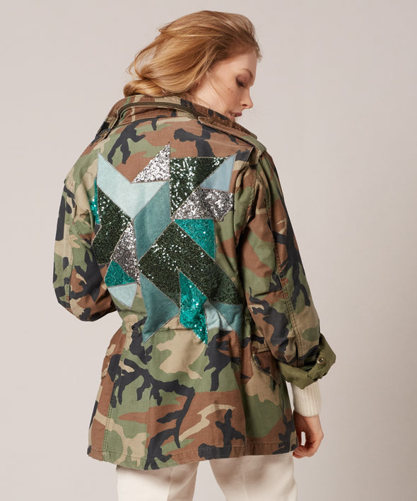 Customised vintage camo parka jacket with wool and sequin design on back