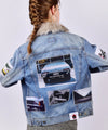 Custom vintage denim jacket - Lee, Levi, Wrangler, Diesel or similar. With car images applique'd and faux fur collar.