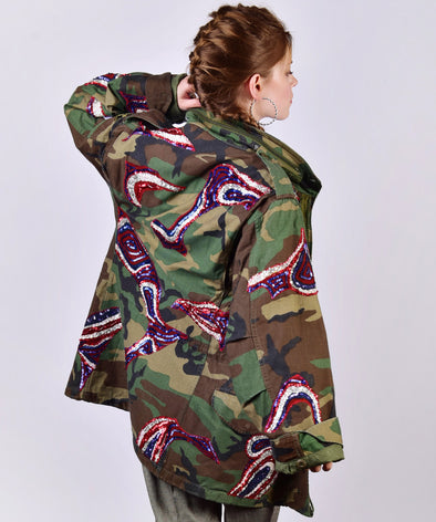 Customised vintage camo military jacket with coloured sequins - back view