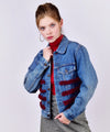 Customised Vintage Denim Jacket with red ruffles across body - jacket is Lee, Levi, Wrangler, Diesel or similar.