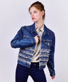 Customised Vintage Denim Jacket with silver ruffles across body - jacket is Lee, Levi, Wrangler, Diesel or similar.